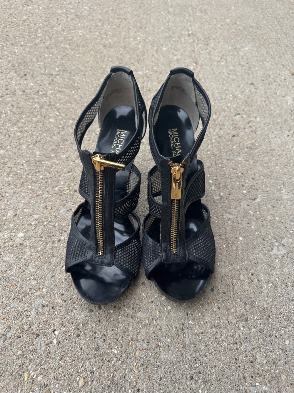 MICHAEL Michael Kors Black Heeled Sandals with Gold Front Zipper